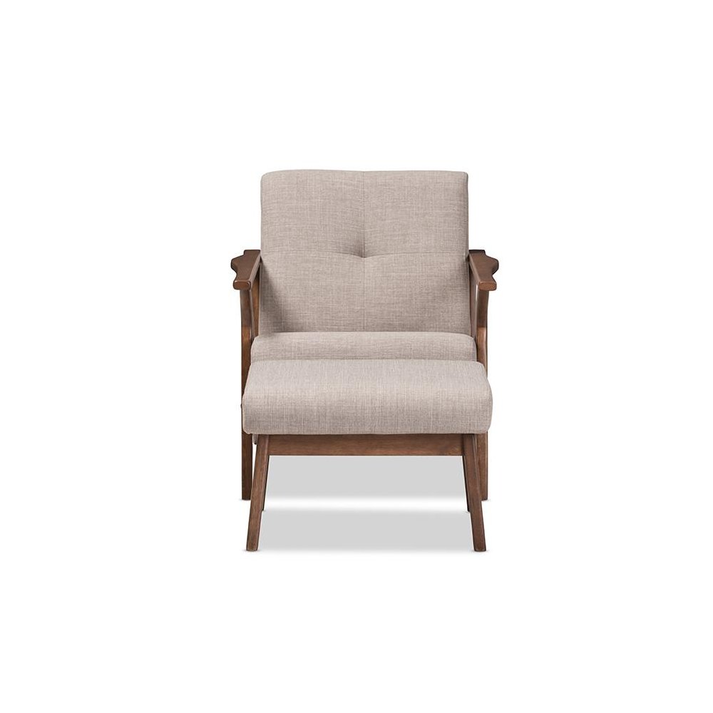 Walnut Wood Light Grey Fabric Tufted Lounge Chair And Ottoman Set