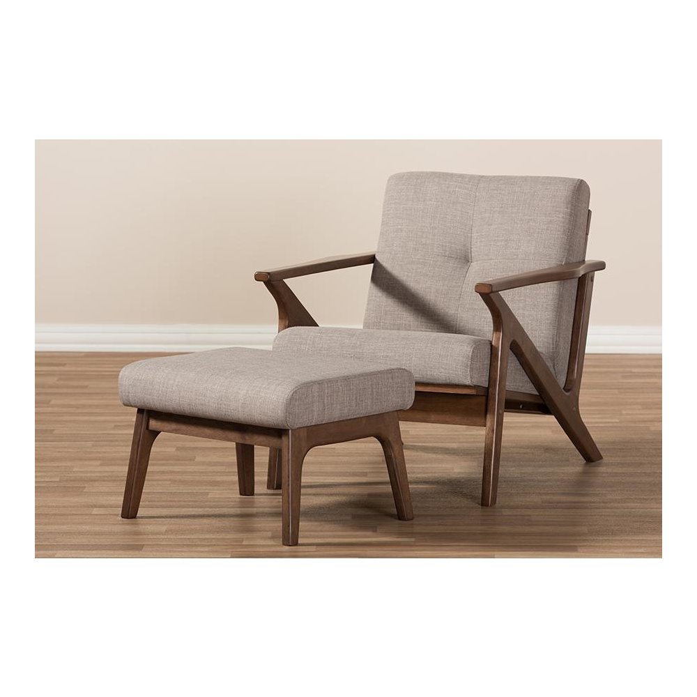 Walnut Wood Light Grey Fabric Tufted Lounge Chair And Ottoman Set