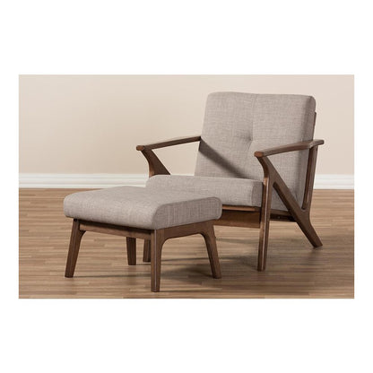 Walnut Wood Light Grey Fabric Tufted Lounge Chair And Ottoman Set