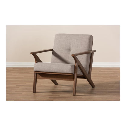 Bianca Mid-Century Modern Walnut Wood Light Grey Fabric Tufted Lounge Chair