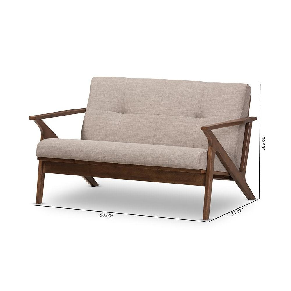 Bianca Mid-Century Modern Walnut Wood Light Grey Fabric Tufted 2-Seater Loveseat