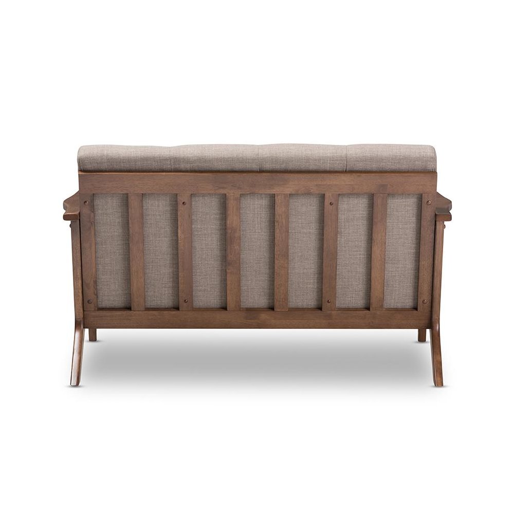 Bianca Mid-Century Modern Walnut Wood Light Grey Fabric Tufted 2-Seater Loveseat