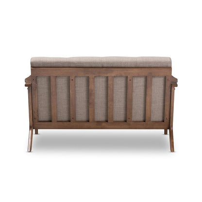 Bianca Mid-Century Modern Walnut Wood Light Grey Fabric Tufted 2-Seater Loveseat