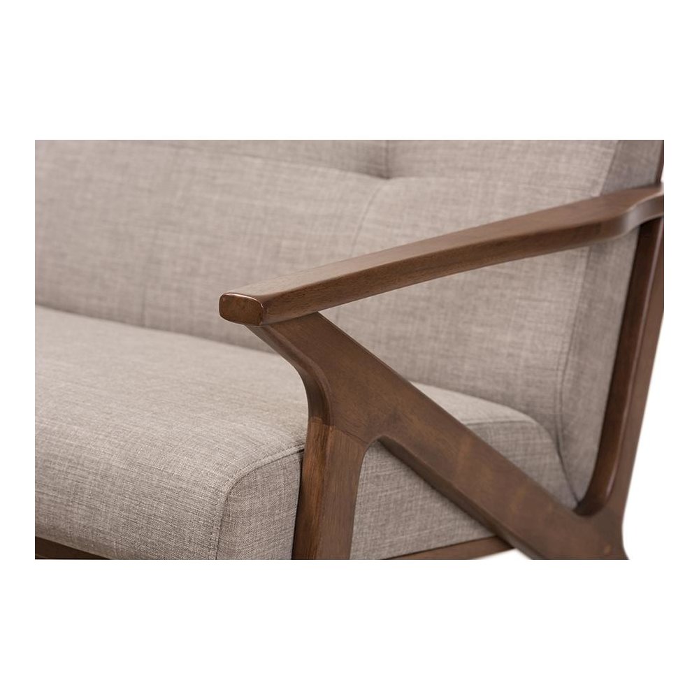 Bianca Mid-Century Modern Walnut Wood Light Grey Fabric Tufted 2-Seater Loveseat