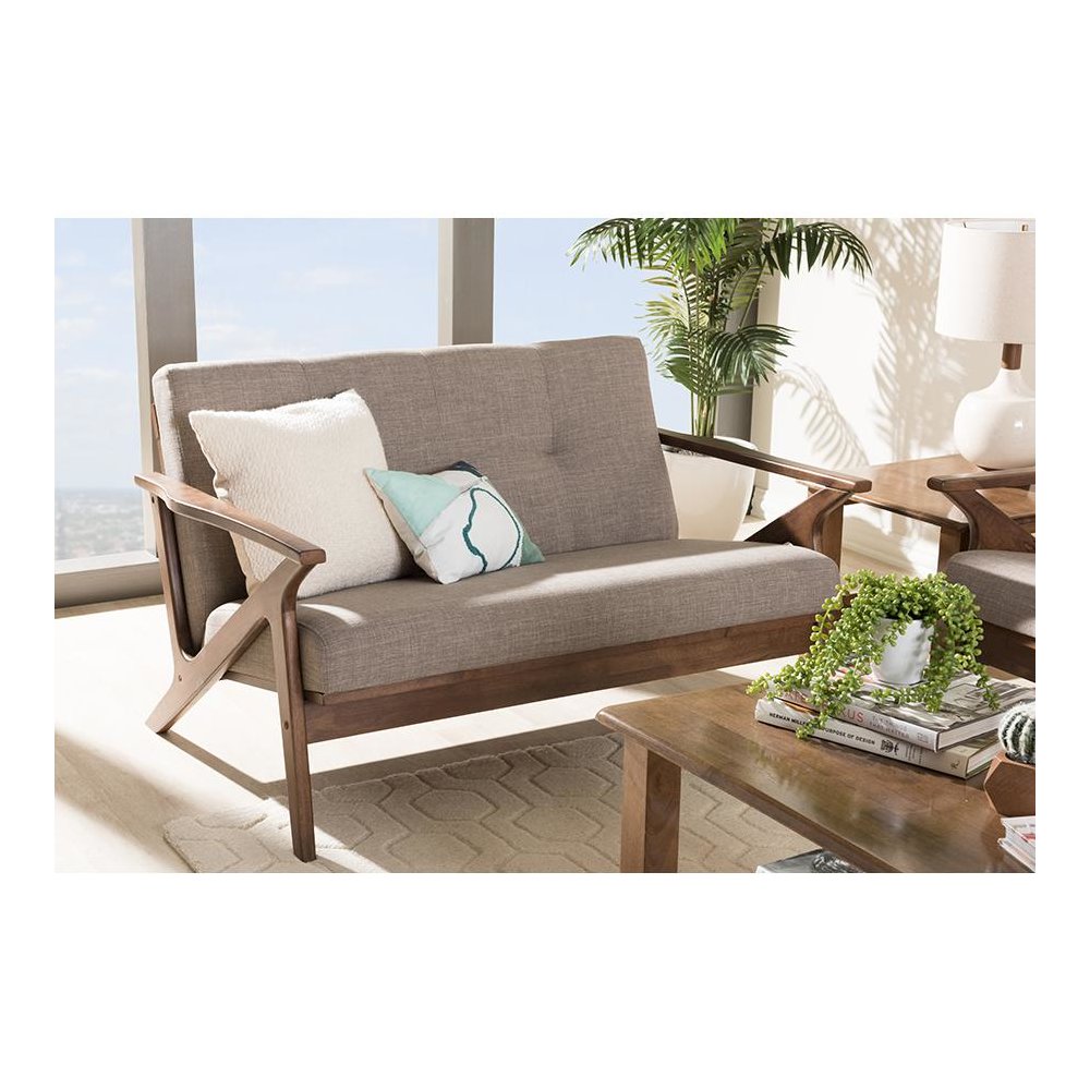 Bianca Mid-Century Modern Walnut Wood Light Grey Fabric Tufted 2-Seater Loveseat