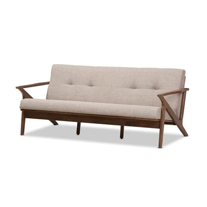 Bianca Mid-Century Modern Walnut Wood Light Grey Fabric Tufted 3-Seater Sofa
