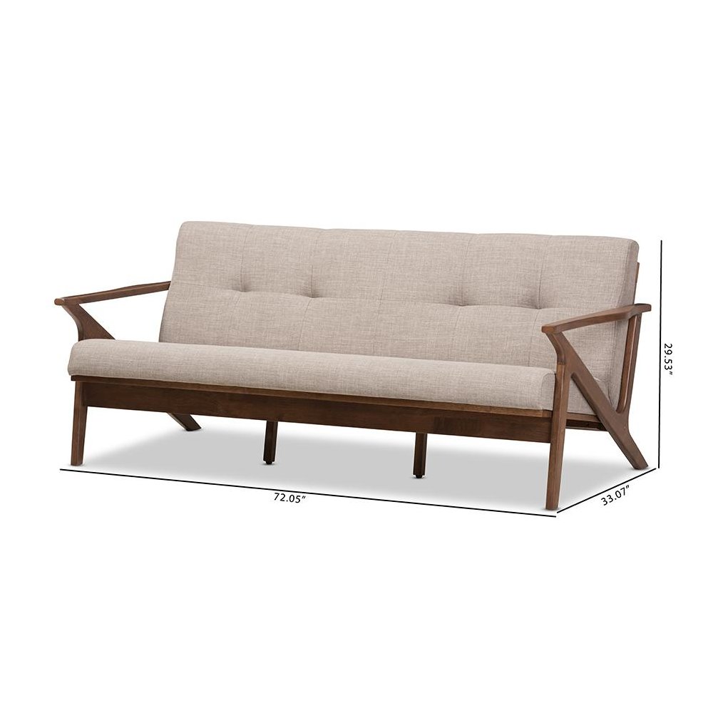 Bianca Mid-Century Modern Walnut Wood Light Grey Fabric Tufted 3-Seater Sofa