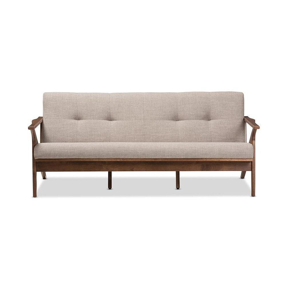 Bianca Mid-Century Modern Walnut Wood Light Grey Fabric Tufted 3-Seater Sofa