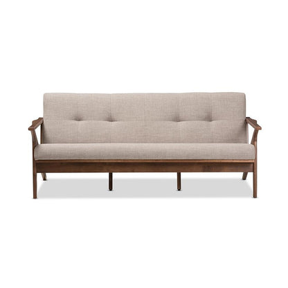 Bianca Mid-Century Modern Walnut Wood Light Grey Fabric Tufted 3-Seater Sofa