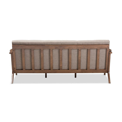 Bianca Mid-Century Modern Walnut Wood Light Grey Fabric Tufted 3-Seater Sofa