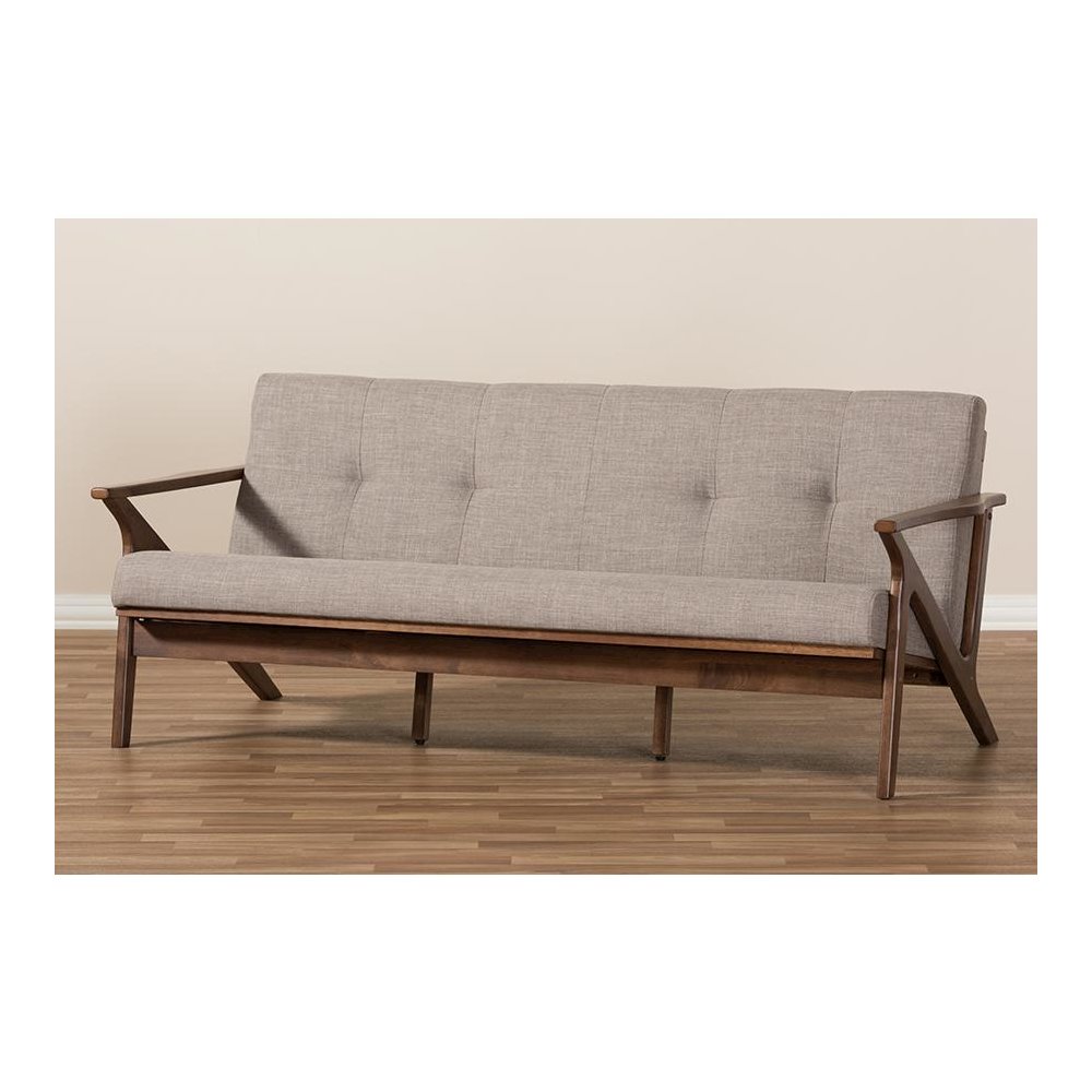 Bianca Mid-Century Modern Walnut Wood Light Grey Fabric Tufted 3-Seater Sofa