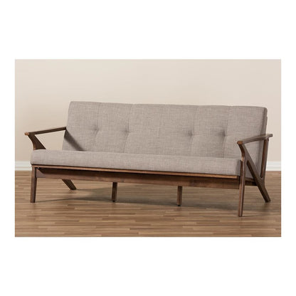 Bianca Mid-Century Modern Walnut Wood Light Grey Fabric Tufted 3-Seater Sofa