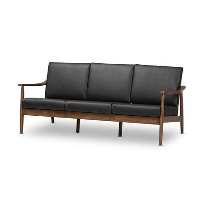 Venza Mid-Century Modern Walnut Wood Black Faux Leather 3-Seater Sofa