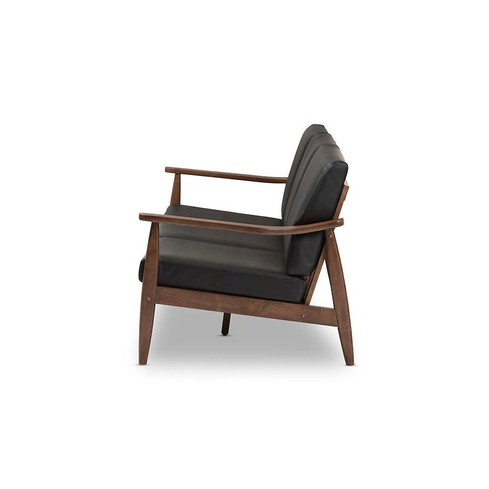 Venza Mid-Century Modern Walnut Wood Black Faux Leather 3-Seater Sofa