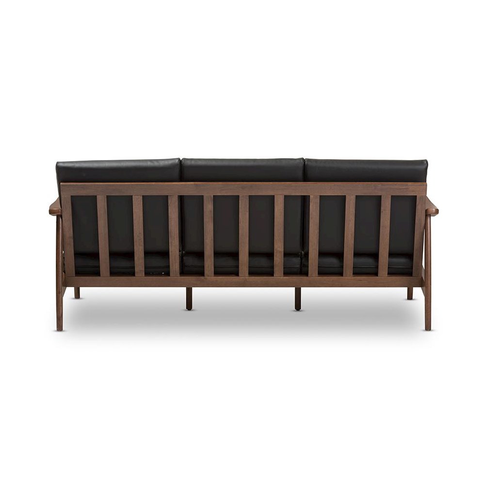 Venza Mid-Century Modern Walnut Wood Black Faux Leather 3-Seater Sofa