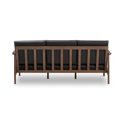 Venza Mid-Century Modern Walnut Wood Black Faux Leather 3-Seater Sofa