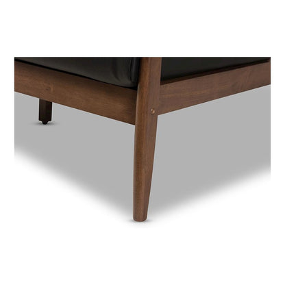 Venza Mid-Century Modern Walnut Wood Black Faux Leather 3-Seater Sofa