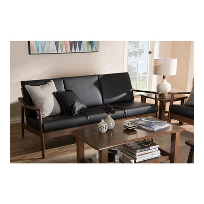 Venza Mid-Century Modern Walnut Wood Black Faux Leather 3-Seater Sofa
