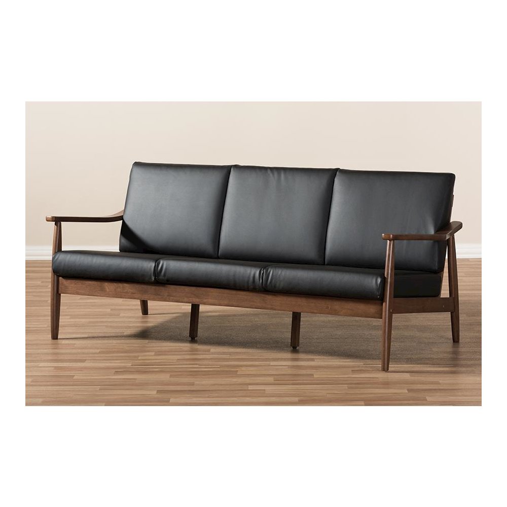 Venza Mid-Century Modern Walnut Wood Black Faux Leather 3-Seater Sofa