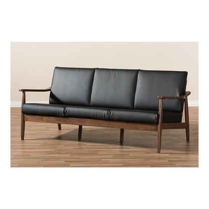 Venza Mid-Century Modern Walnut Wood Black Faux Leather 3-Seater Sofa