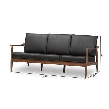 Venza Mid-Century Modern Walnut Wood Black Faux Leather 3-Seater Sofa
