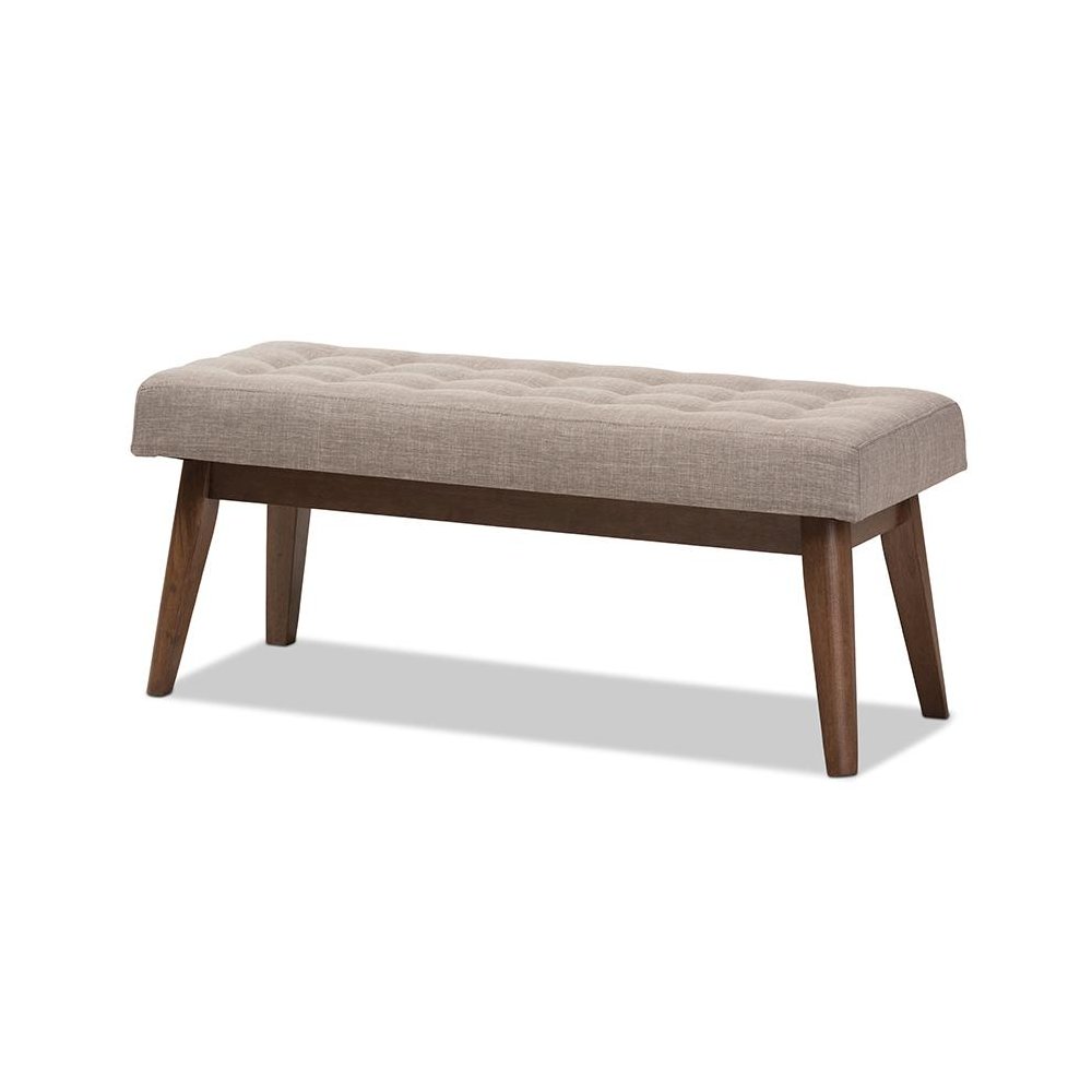Elia Mid-Century Modern Walnut Wood Light Grey Fabric Button-Tufted Bench