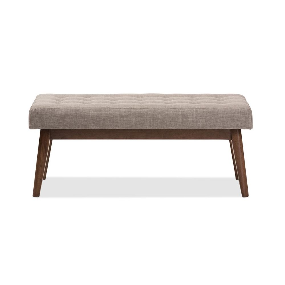 Elia Mid-Century Modern Walnut Wood Light Grey Fabric Button-Tufted Bench