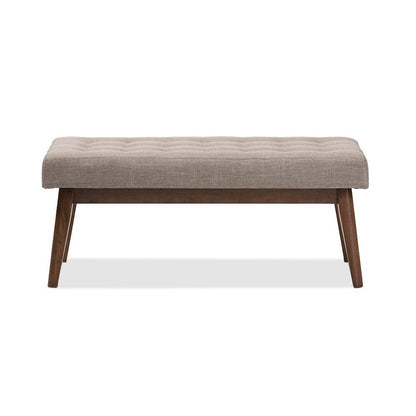 Elia Mid-Century Modern Walnut Wood Light Grey Fabric Button-Tufted Bench