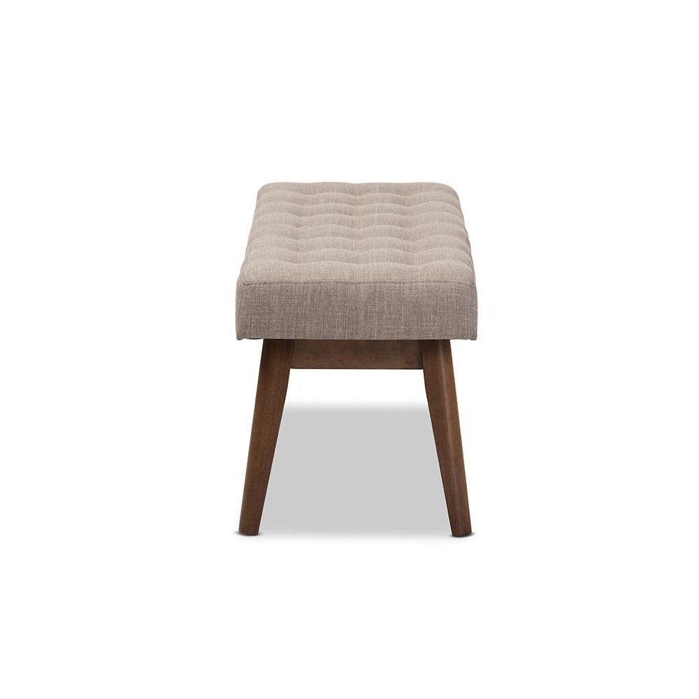 Elia Mid-Century Modern Walnut Wood Light Grey Fabric Button-Tufted Bench