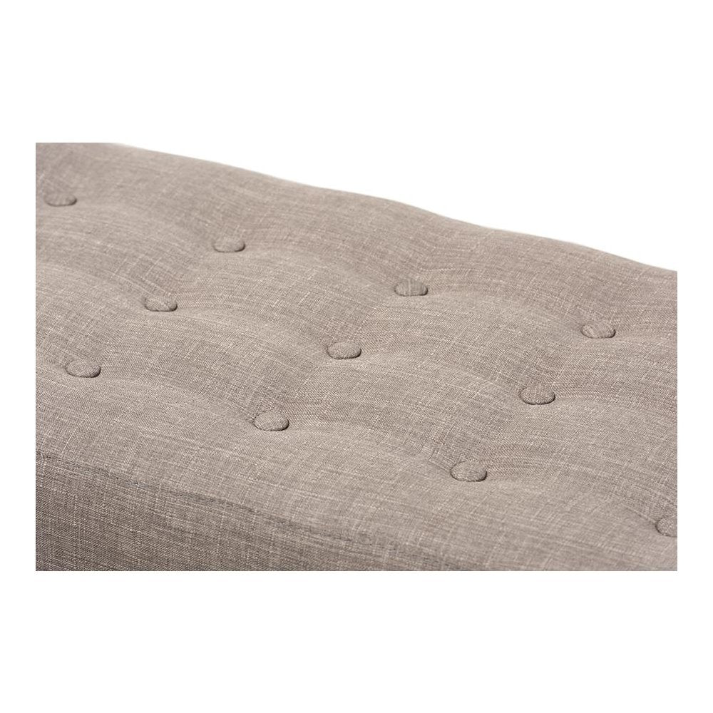 Elia Mid-Century Modern Walnut Wood Light Grey Fabric Button-Tufted Bench