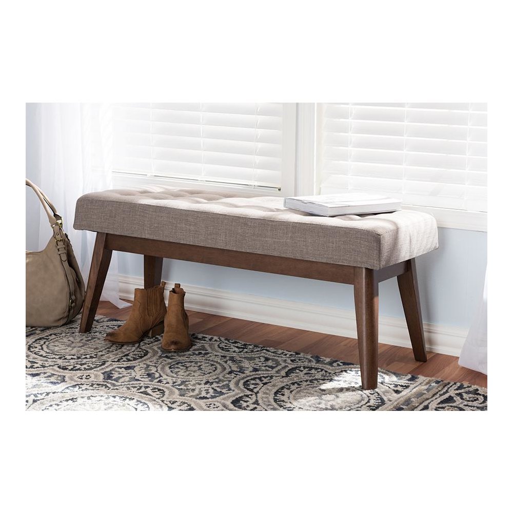 Elia Mid-Century Modern Walnut Wood Light Grey Fabric Button-Tufted Bench