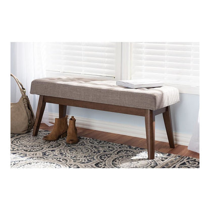 Elia Mid-Century Modern Walnut Wood Light Grey Fabric Button-Tufted Bench