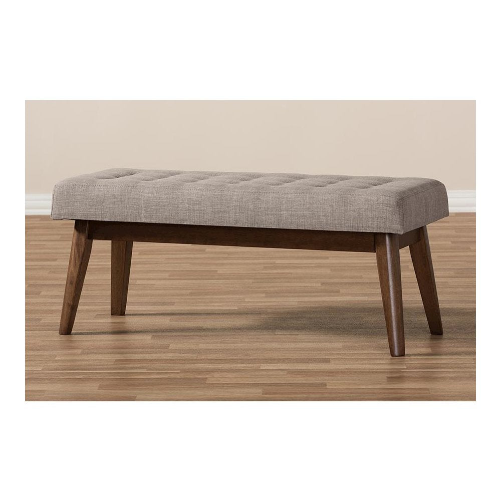 Elia Mid-Century Modern Walnut Wood Light Grey Fabric Button-Tufted Bench