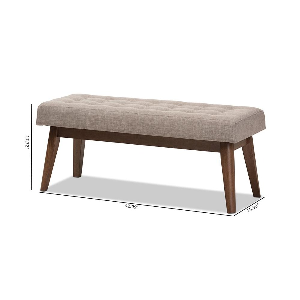 Elia Mid-Century Modern Walnut Wood Light Grey Fabric Button-Tufted Bench
