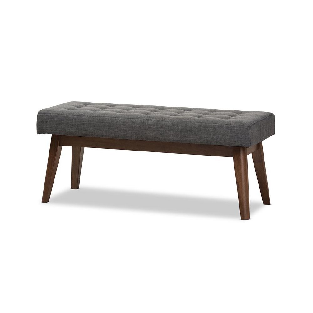 Elia Mid-Century Modern Walnut Wood Dark Grey Fabric Button-Tufted Bench