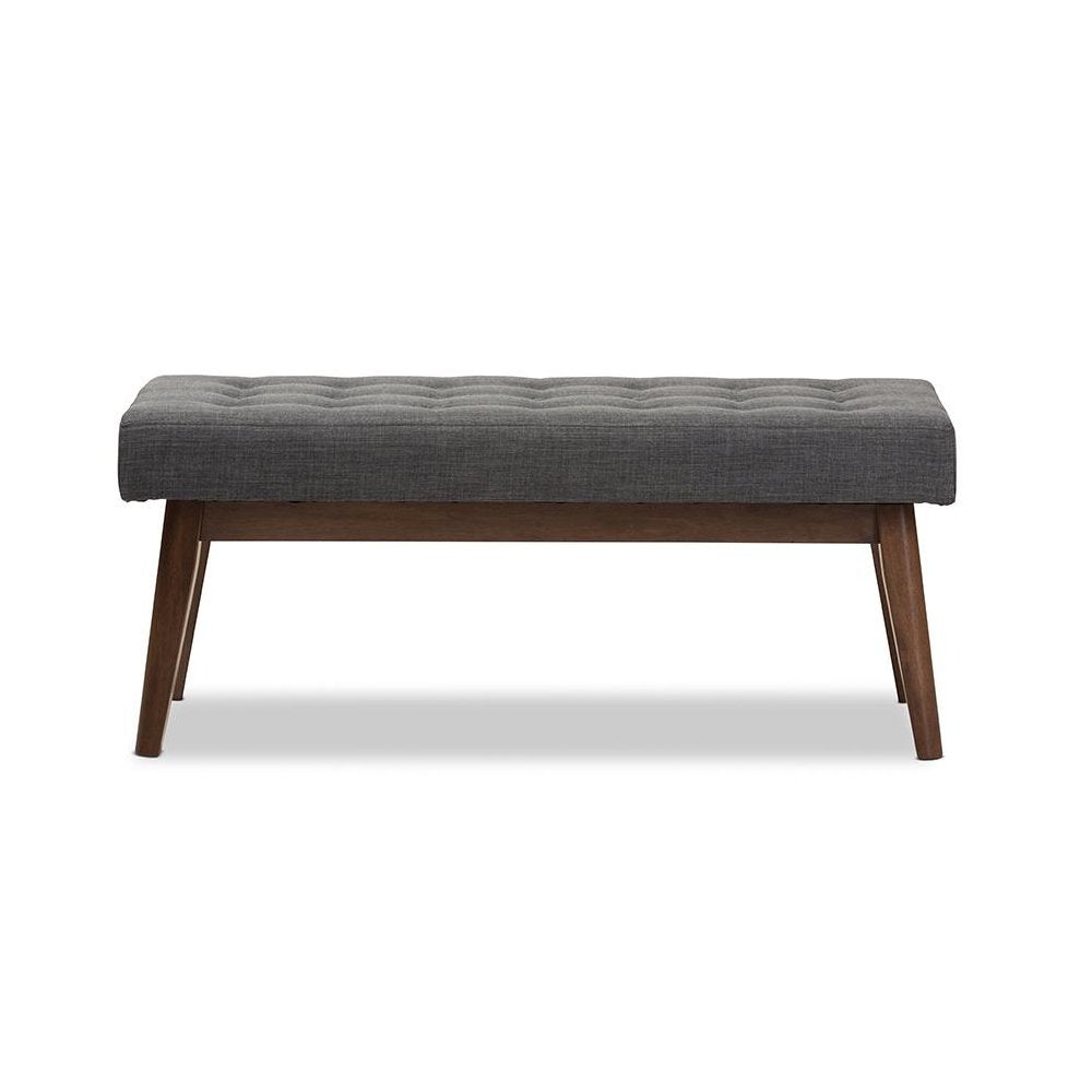Elia Mid-Century Modern Walnut Wood Dark Grey Fabric Button-Tufted Bench