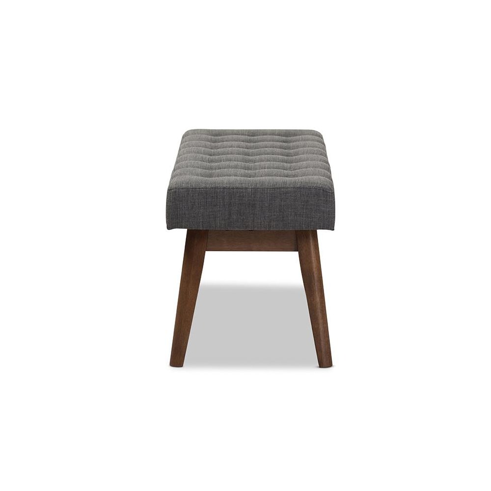 Elia Mid-Century Modern Walnut Wood Dark Grey Fabric Button-Tufted Bench