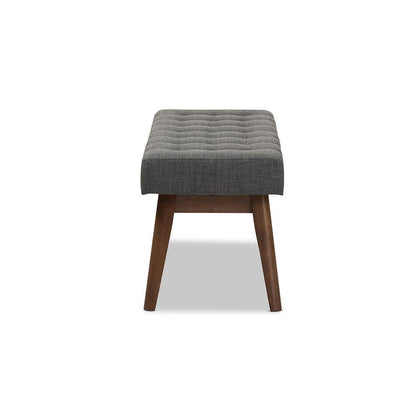 Elia Mid-Century Modern Walnut Wood Dark Grey Fabric Button-Tufted Bench
