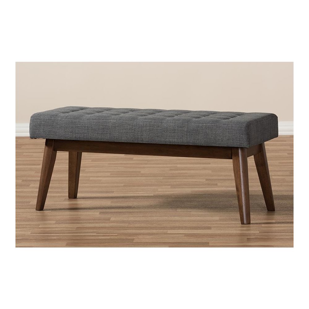 Elia Mid-Century Modern Walnut Wood Dark Grey Fabric Button-Tufted Bench