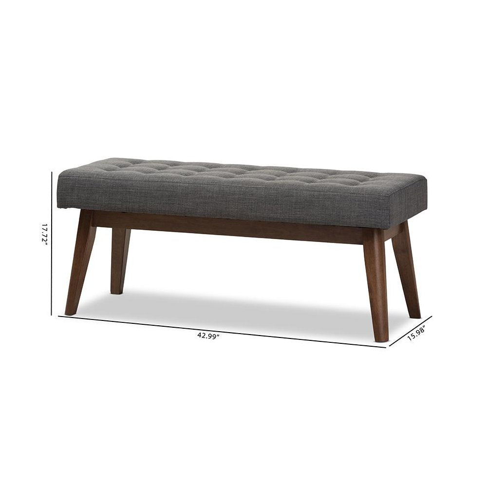 Elia Mid-Century Modern Walnut Wood Dark Grey Fabric Button-Tufted Bench
