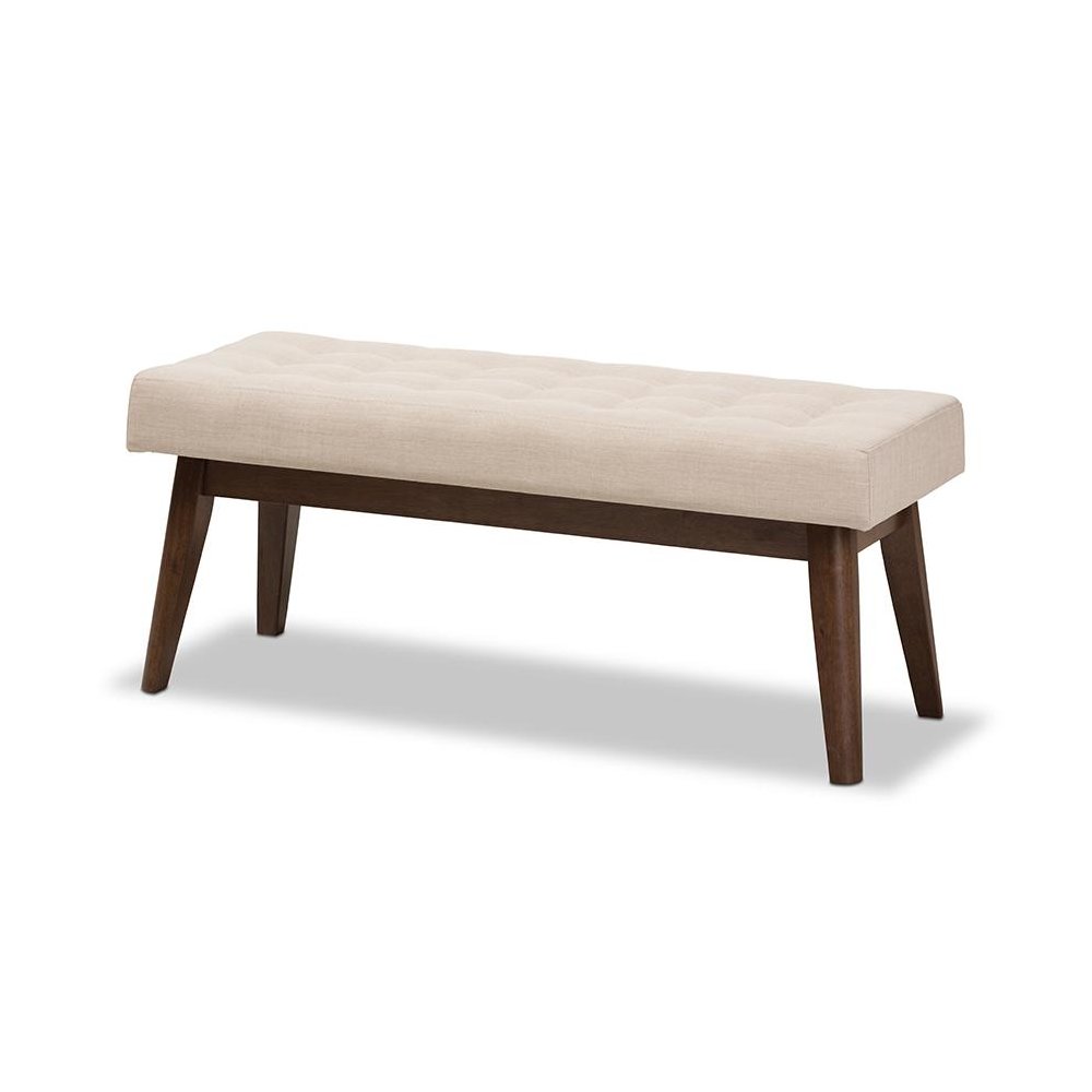 Elia Mid-Century Modern Walnut Wood Light Beige Fabric Button-Tufted Bench