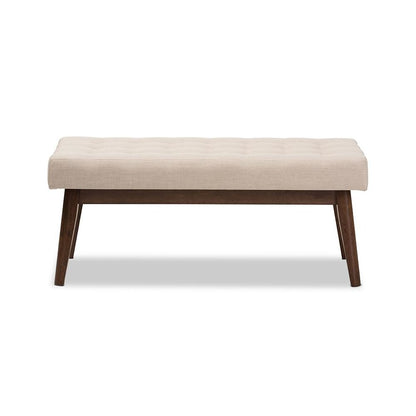 Elia Mid-Century Modern Walnut Wood Light Beige Fabric Button-Tufted Bench