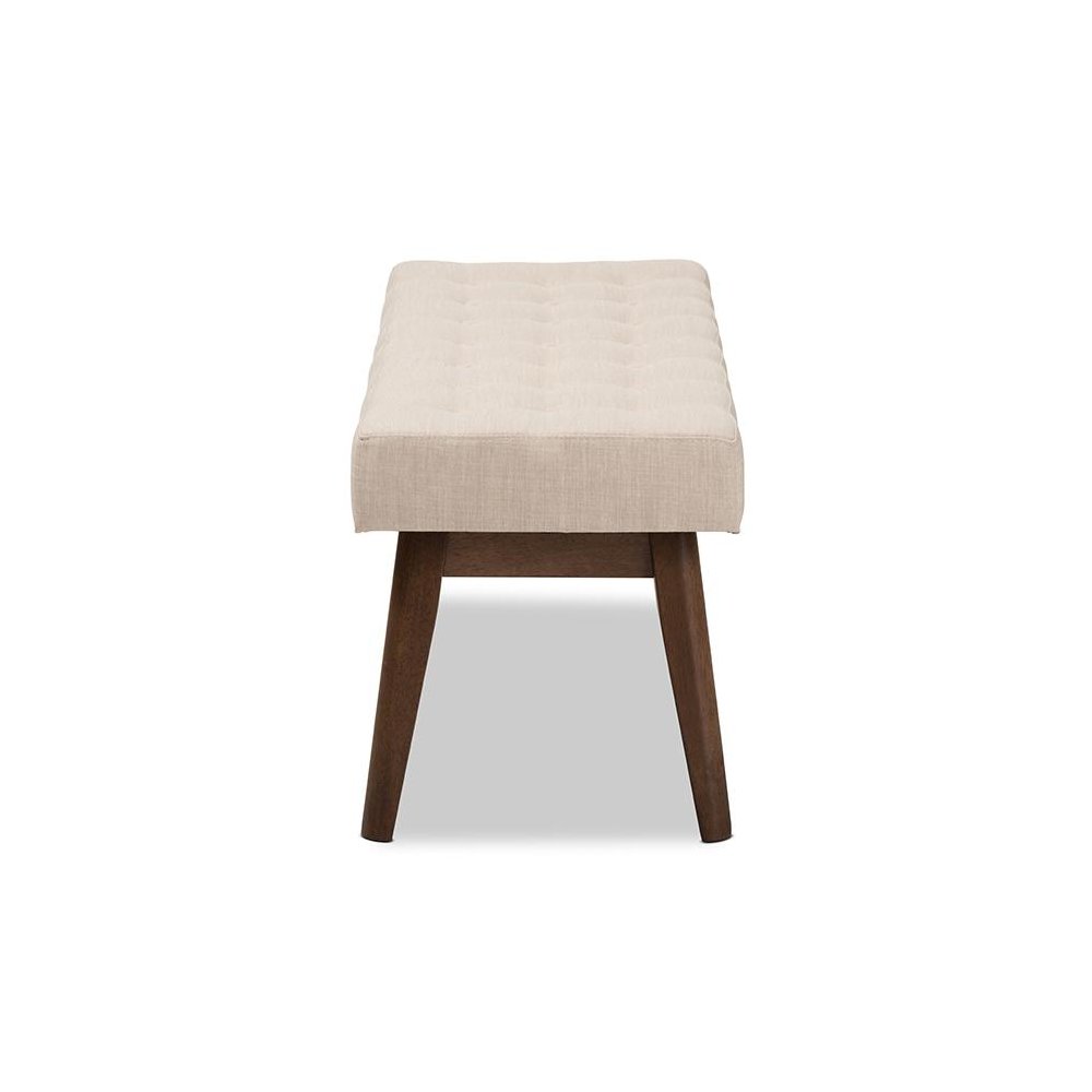 Elia Mid-Century Modern Walnut Wood Light Beige Fabric Button-Tufted Bench