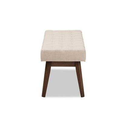 Elia Mid-Century Modern Walnut Wood Light Beige Fabric Button-Tufted Bench