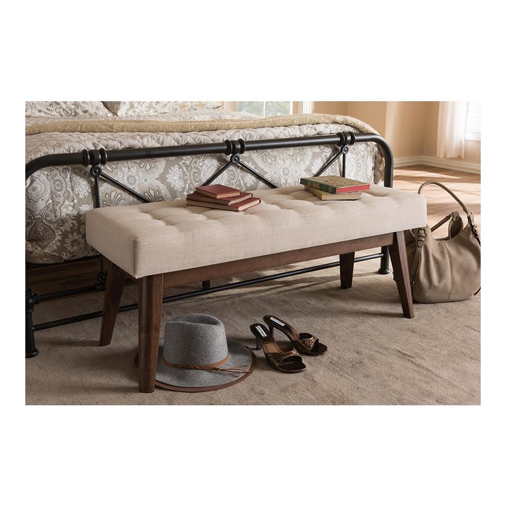Elia Mid-Century Modern Walnut Wood Light Beige Fabric Button-Tufted Bench