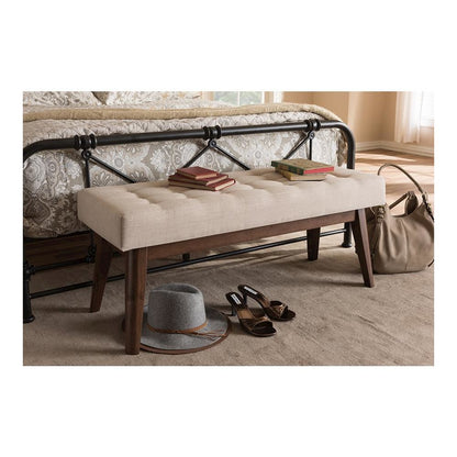Elia Mid-Century Modern Walnut Wood Light Beige Fabric Button-Tufted Bench