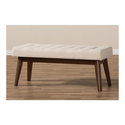 Elia Mid-Century Modern Walnut Wood Light Beige Fabric Button-Tufted Bench