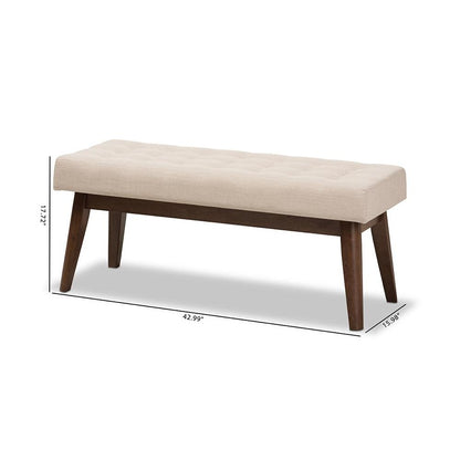Elia Mid-Century Modern Walnut Wood Light Beige Fabric Button-Tufted Bench
