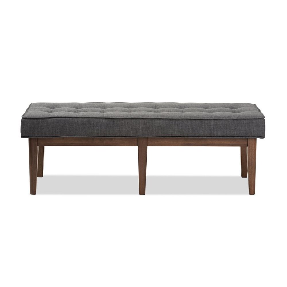 Lucca Mid-Century Modern Walnut Wood Dark Grey Fabric Button-Tufted Bench