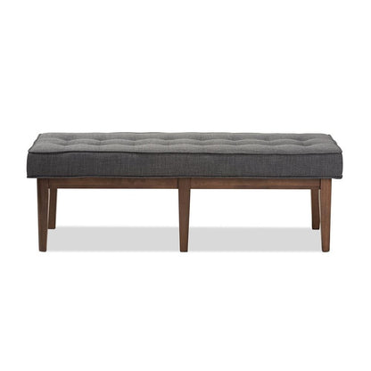 Lucca Mid-Century Modern Walnut Wood Dark Grey Fabric Button-Tufted Bench